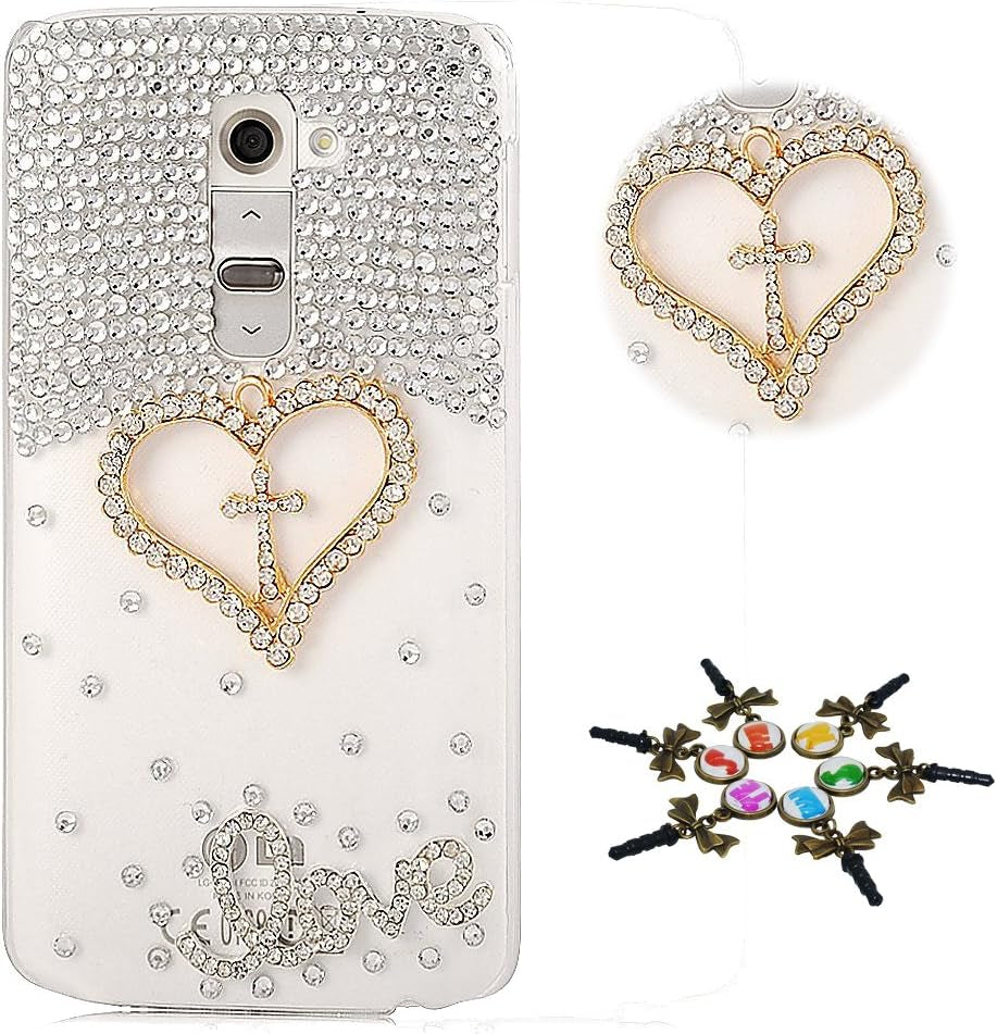 STENES LG G7 Case, LG G7 Thinq Case - STYLISH - 100+ Bling Crystal - 3D Handmade Bling Heart Pendant Butterfly Flowers Design Protective Cover Case for LG G7 Thinq - Colorful  STENES Cross Love Heart / Gold  