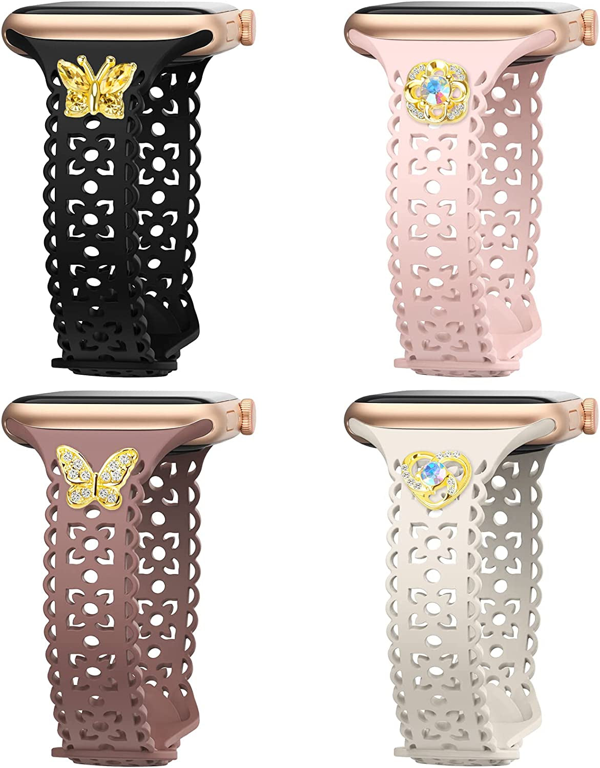 4 Pack Lace Silicone Band Compatible with Apple Watch Bands 40Mm 44Mm 41Mm 45Mm 38Mm 42Mm Women,Thin Slim Hollow-Out Sport Strap Replacement Wristbands for Iwatch Series Ultra 8 7 6 5 4 3 2 1 SE  HEARTBOOM Butterfly-1&Butterfly-2&Rose&Love 42mm/44mm/45mm/49mm 
