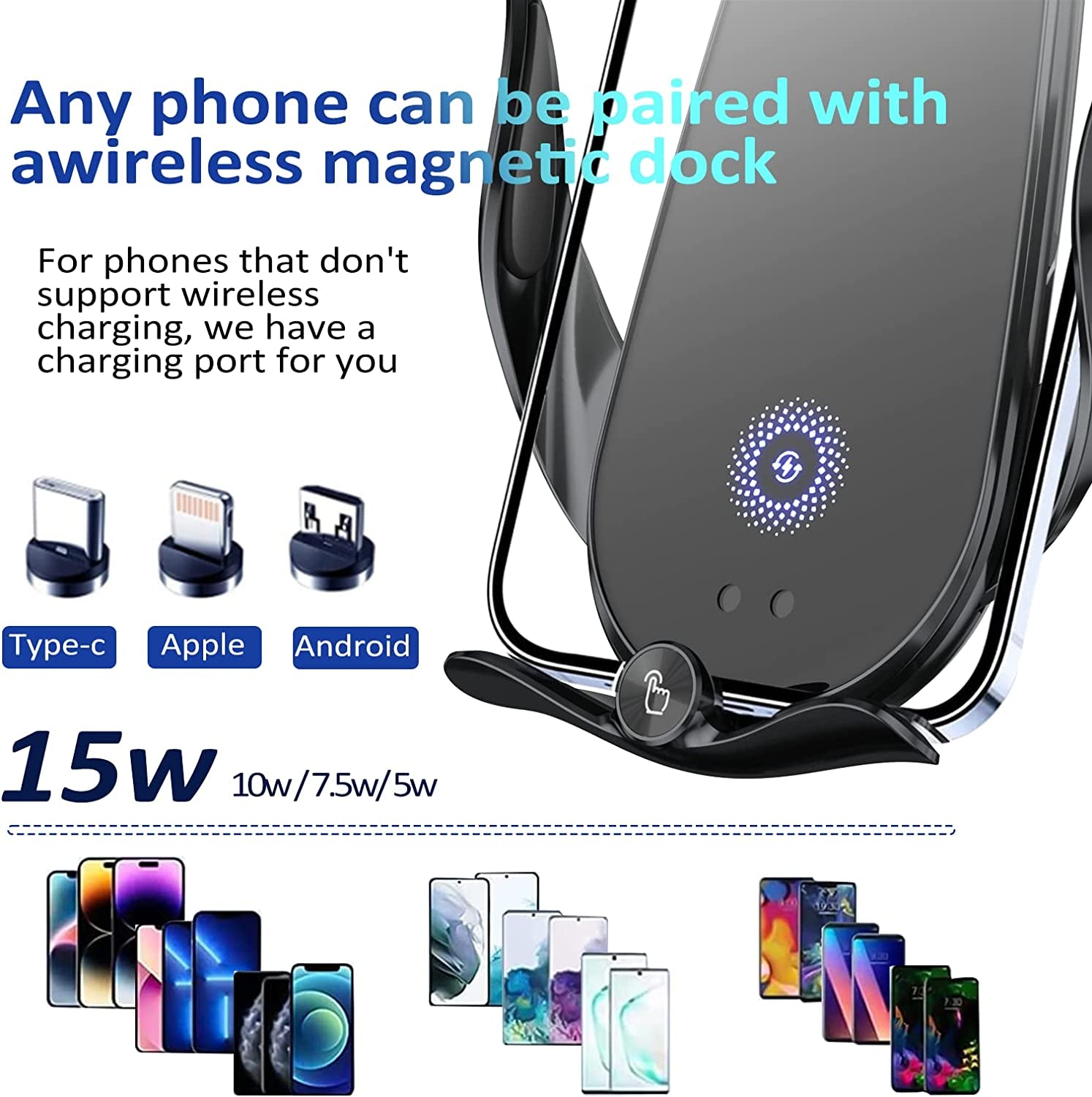 Wireless Car Charger,15W Fast Charging Car Charger Phone Holder Mount, Auto Clamping Car Charger Phone Mount Phone Holder for Iphone 14 13 12 11, Samsung Galaxy S23+ S22, Etc  Wireless Car Charger   