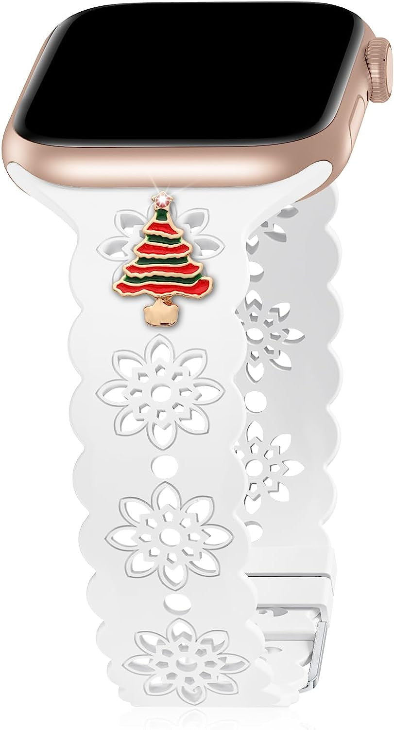 Floral Silicone Band Compatible with Apple Watch Bands 38Mm 40Mm 42Mm 44Mm 41Mm 45Mm 49Mm Women Men, Slim Hollow-Out Design Wristbands Soft Sport Breathable Watch Bands for Iwatch Ultra SE Series 8/7/6/5/4/3/2/1  Wewatri White with Christmas Tree Charms 38mm/40mm/41mm 