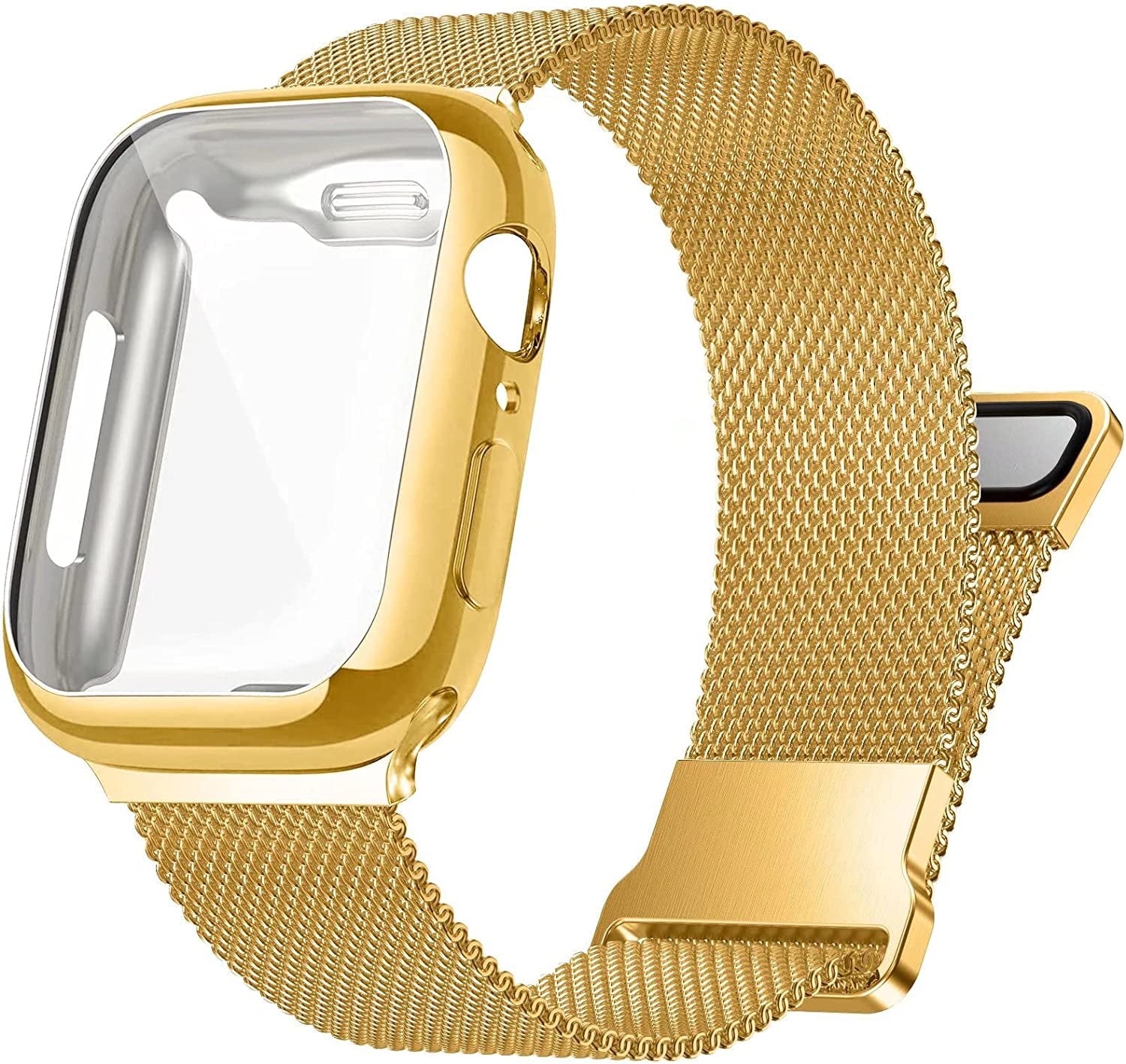 Zsuoop Metal Stainless Steel Band Compatible with Apple Watch Bands 38Mm 40Mm 41Mm 42Mm 44Mm 45Mm with Screen Protector Case,Magnetic Adjustable Strap for Iwatch Series 8/7/6/5/4/SE/3/2/1 Women Men  Zsuoop Yellow Gold 44mm 