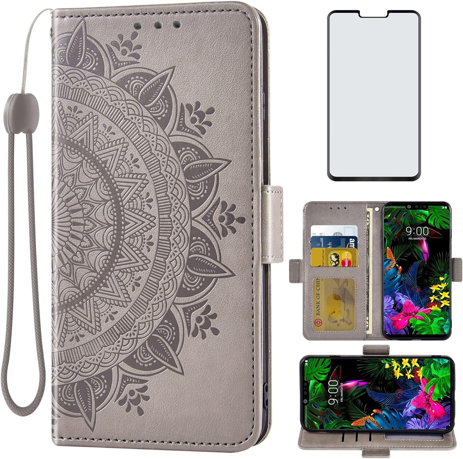 Asuwish Compatible with LG G8 Thinq Wallet Case and Tempered Glass Screen Protector Credit Card Holder Flip Wrist Strap Stand Cell Phone Cover for LGG8 Thin Q G 8 LG8 G8Thinq Lgg8Thinq 8G Women Grey  Asuwish   