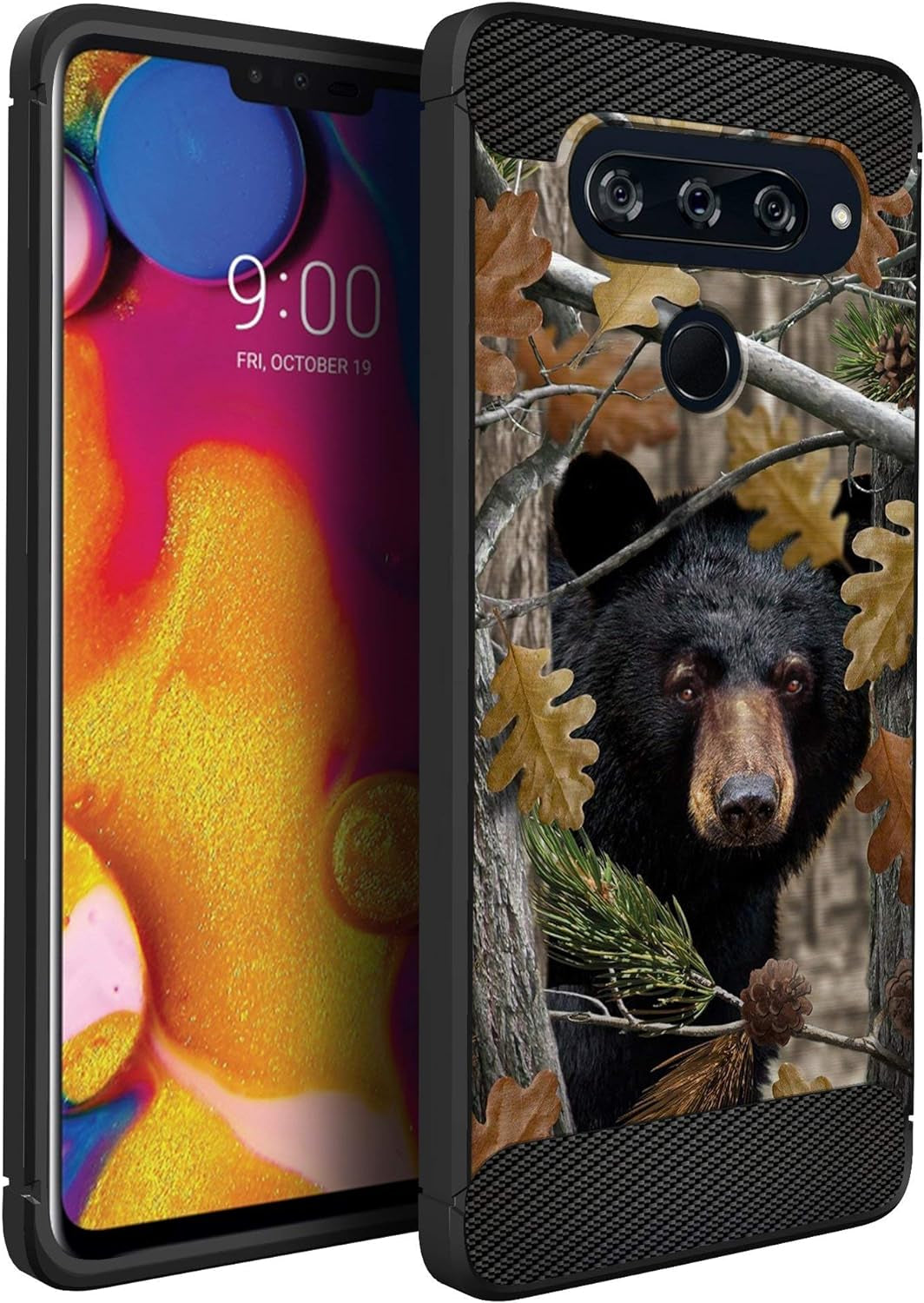Cases on Deck White Case Compatible with [LG V40 Thinq] Hunters Series Slim No Bulk Carbon Fiber Texture Black Flexible TPU Material (Snow Hunters Camo)  CasesonDeck Bear Tree Camo  