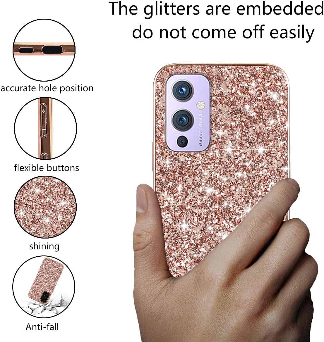Compatible with Oneplus 9 Case Glitter Shockproof,Oneplus 9 Phone Case Bling Sparkly Soft TPU and PC Silicone Shiny Girl Women Thin Protective Cover (Rose Gold)  Wousunly   