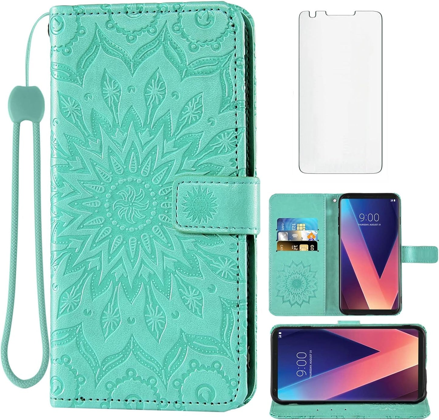 Phone Case for LG V35 Thinq V30 plus Wallet with Tempered Glass Screen Protector and Leather Flip Cover Card Holder Stand Cell Accessories LGV30 LGV35 LG30 LG35 V 30 35 V30+ V30S H931 Women Men Blue  Asuwish Green  