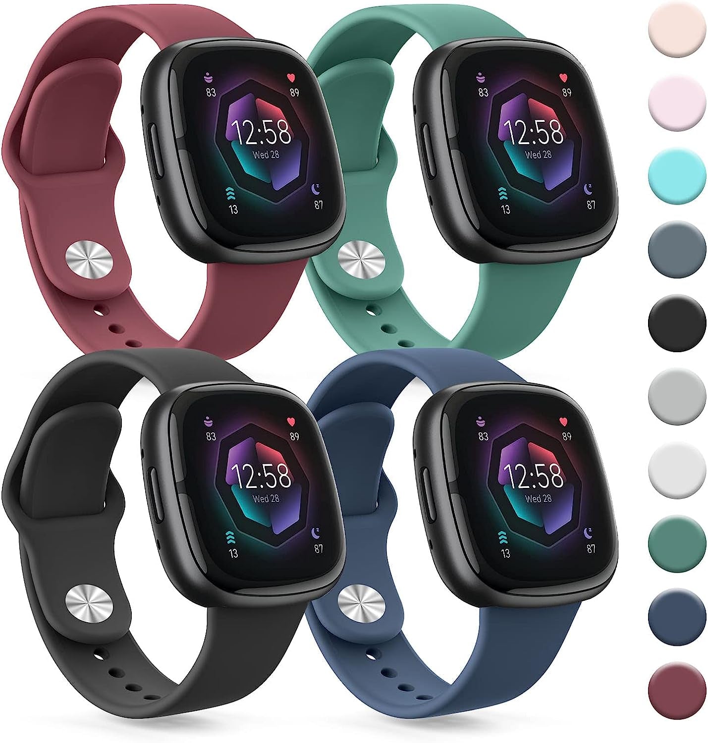 4 PACK Silicone Bands Compatible with Fitbit Versa 4 / Versa 3 Bands/Fitbit Sense 2 / Sense Bands Women Men, Soft Replacement Straps for Fitbit Versa 4 / Versa 3 / Sense 2 / Sense Smart Watch  AK Pine Green/Wine Red/Navy Blue/Black  