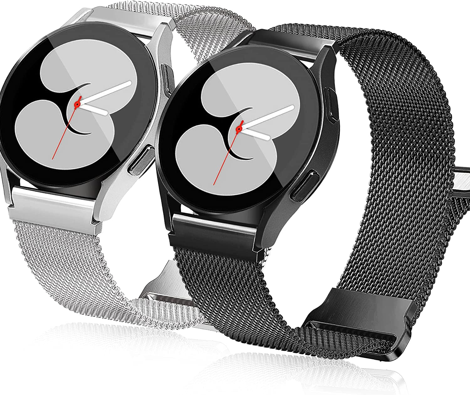 3 Packs Upgrade Double Magnetic Galaxy Watch 5/4 Band, Mesh Loop 20Mm Breathable & Comfortable Band, Compatible with Samsung Watch 5 Band/Galaxy Watch 4 Band/Watch 5 Pro Band/Active 2/ Watch 3 41Mm  YGTIECS Black & Silver (2 Magnets Clasp) 20mm 