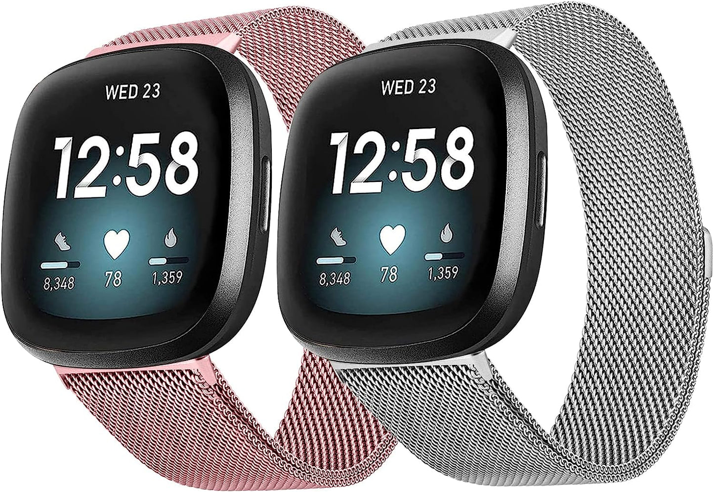 2Pack Metal Bands Compatible with Fitbit Versa 3 /Fitbit Versa 4 /Fitbit Sense 2 /Fitbit Sense Bands for Women Men, Stainless Steel Metal Adjustable Magnetic Strap Replacement for Versa 3/Fitbit Sense  Afoskce Silver+Rose Pink  