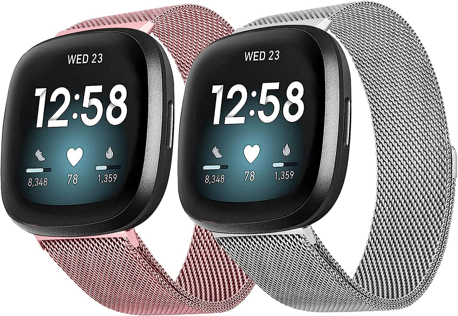 2Pack Metal Bands Compatible with Fitbit Versa 3 /Fitbit Versa 4 /Fitbit Sense 2 /Fitbit Sense Bands for Women Men, Stainless Steel Metal Adjustable Magnetic Strap Replacement for Versa 3/Fitbit Sense  Afoskce Silver+Rose Pink  