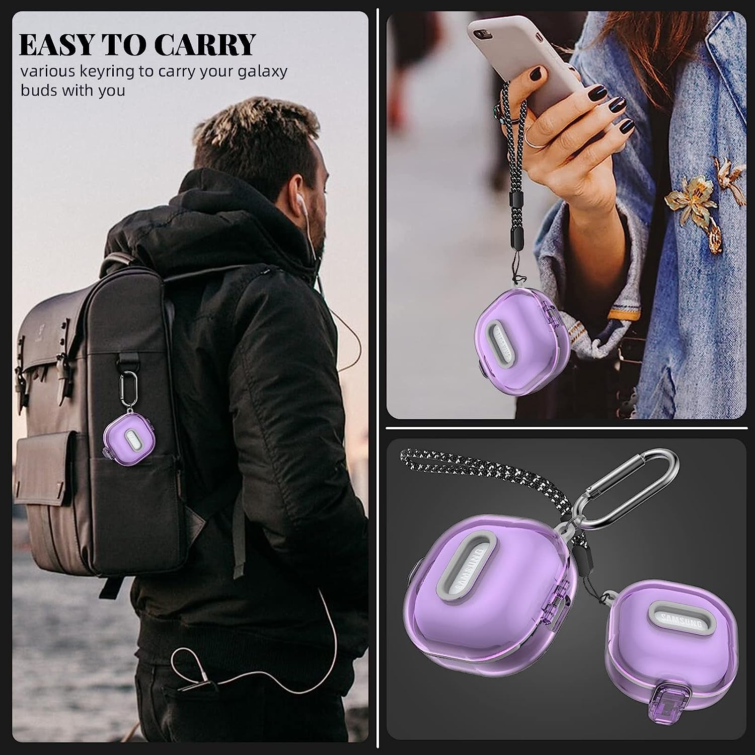 WOFRO [Secure Lock] Clear Case for Samsung Galaxy Buds 2 Pro/Galaxy Buds 2/Galaxy Buds Pro/Galaxy Buds Live Earbuds, Shock-Absorbing Protective Cover Skin Hard with Carabiner & Lanyard(Clear Purple)  WOFRO   