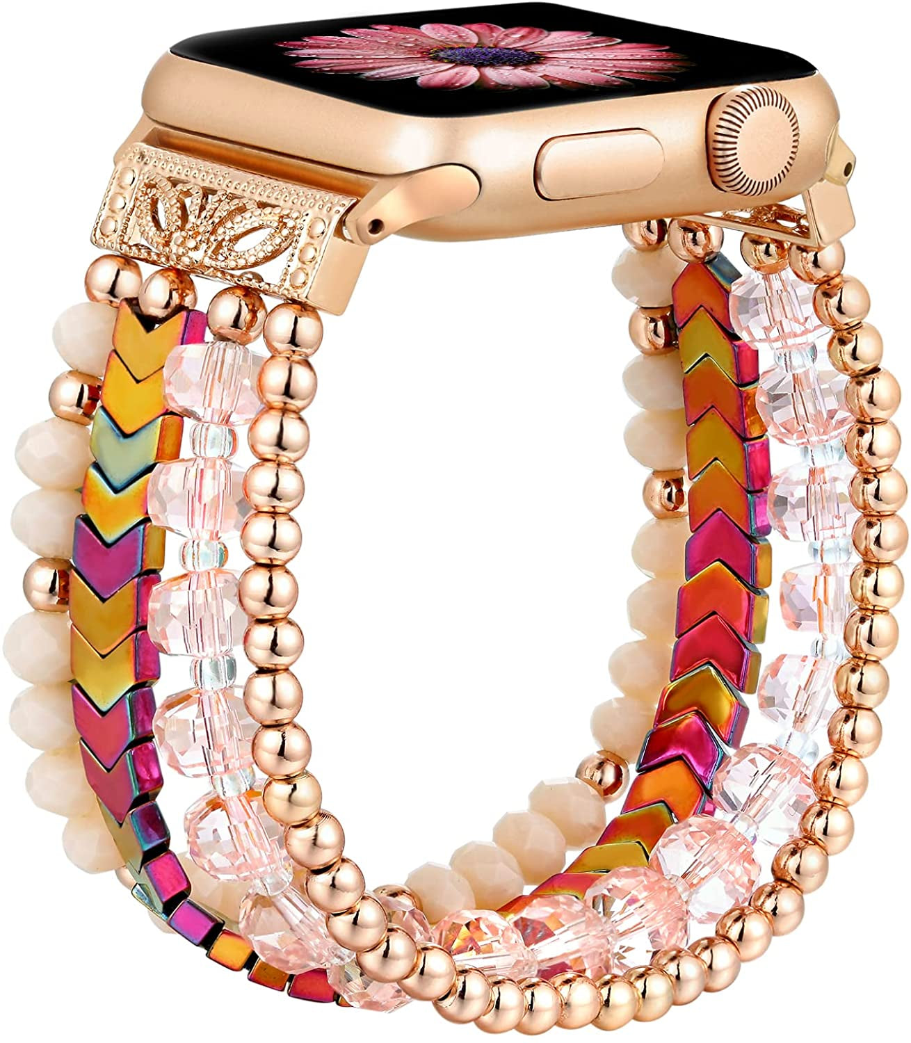 Fastgo Bracelet Band Beaded Compatible with Apple Watch 38Mm 40Mm 41Mm 42Mm 44Mm 45Mm 49Mm Women, Fashion Elastic Stretch Strap Bands for Iwatch SE &Series Ultra 8 7 6 5 4 3 2 1(Black/Sliver/Grey,S/M)  fastgo Z-Rose Gold/Pink/Beige Crystal 38mm/40mm/41mm-S/M(5.5”-6.0”) 