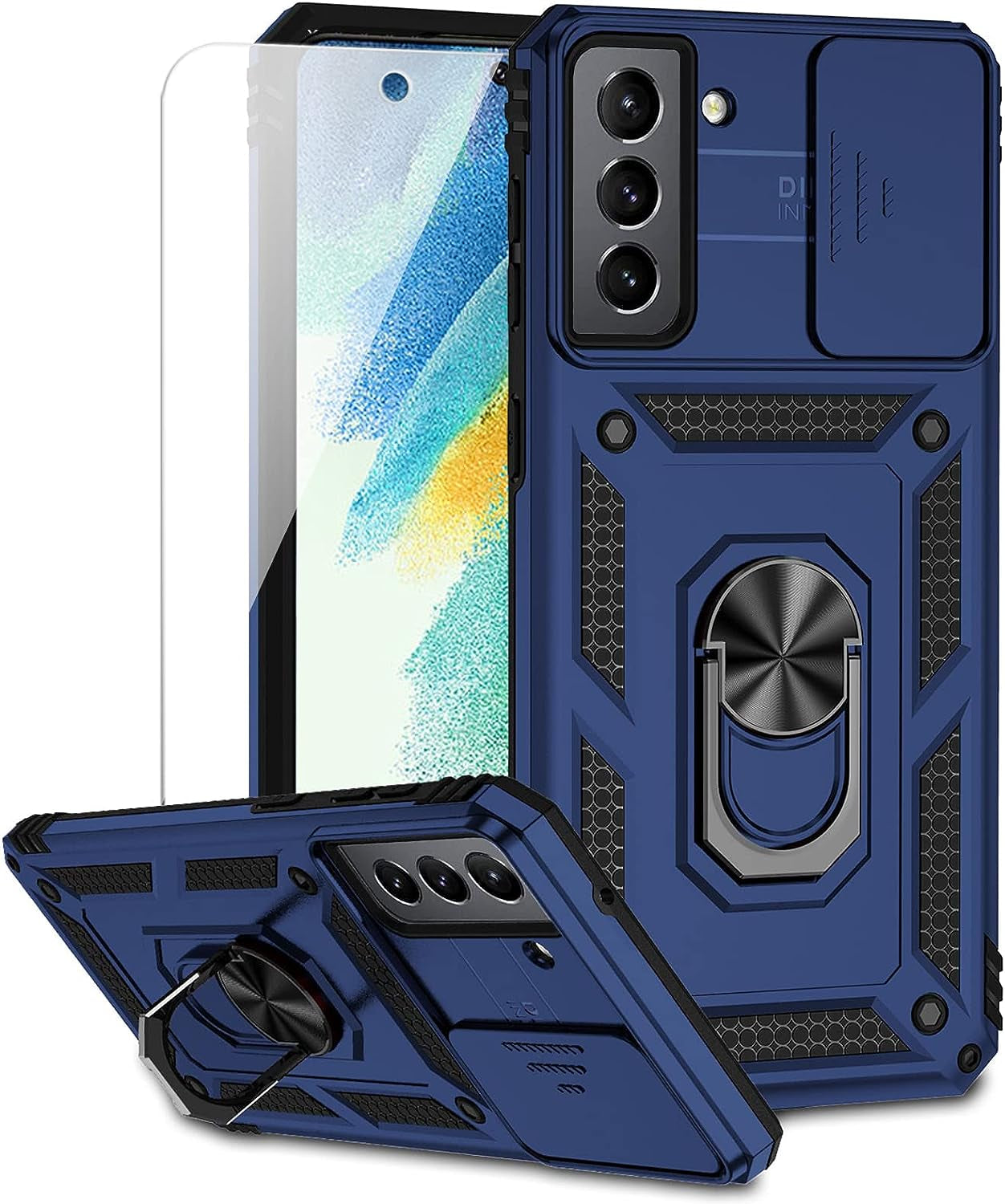 For Samsung Galaxy S21 FE 5G Case with Camera Lens Cover HD Screen Protector, Military-Grade Drop Tested Magnetic Ring Holder Kickstand Protective Phone Case for Samsung Galaxy S21 FE 5G (Dark Green)  JINZHI Inc Navy Blue With Camera Cover Military-Grade 2Nd Gen  