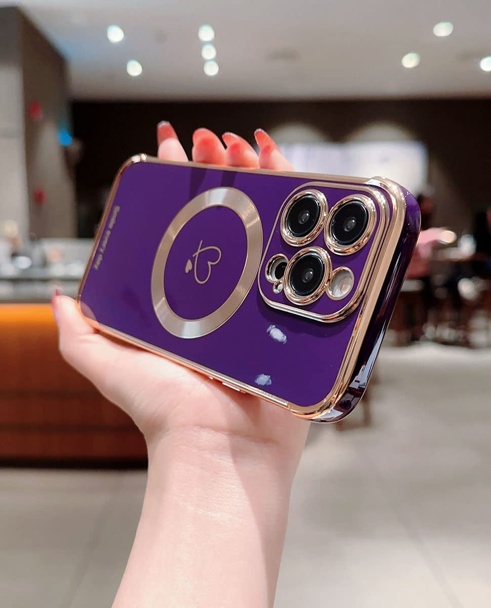 Hosgor Compatible with Magsafe Iphone 14 Pro Case for Women, Luxury Plating Cute Heart with Magnetic Wirless Charging Design Soft TPU Shockproof Bumper Case for Iphone 14 Pro 6.1Inch - (Deep Purple)  Hosgor   