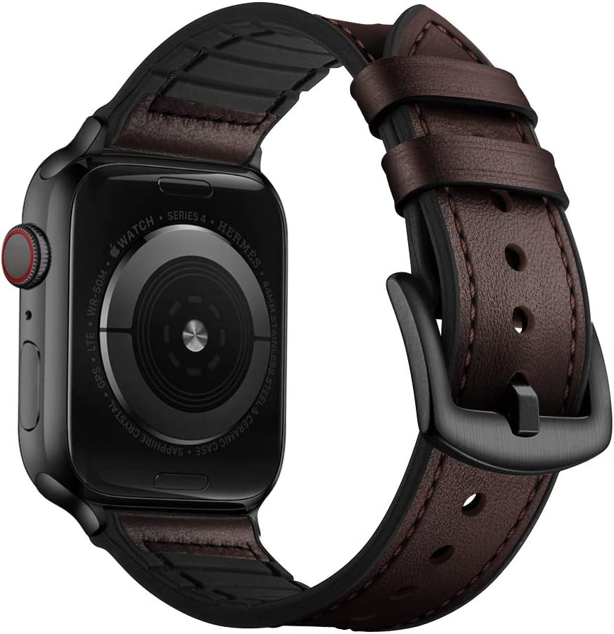 OUHENG Compatible with Apple Watch Band 49Mm 45Mm 44Mm 42Mm, Sweatproof Genuine Leather and Rubber Hybrid Band Strap for Iwatch Ultra Series 8 7 6 5 4 3 2 1 SE2 SE, Brown Band with Black Adapter  OUHENG Dark Brown/Black 41mm/40mm/38mm 