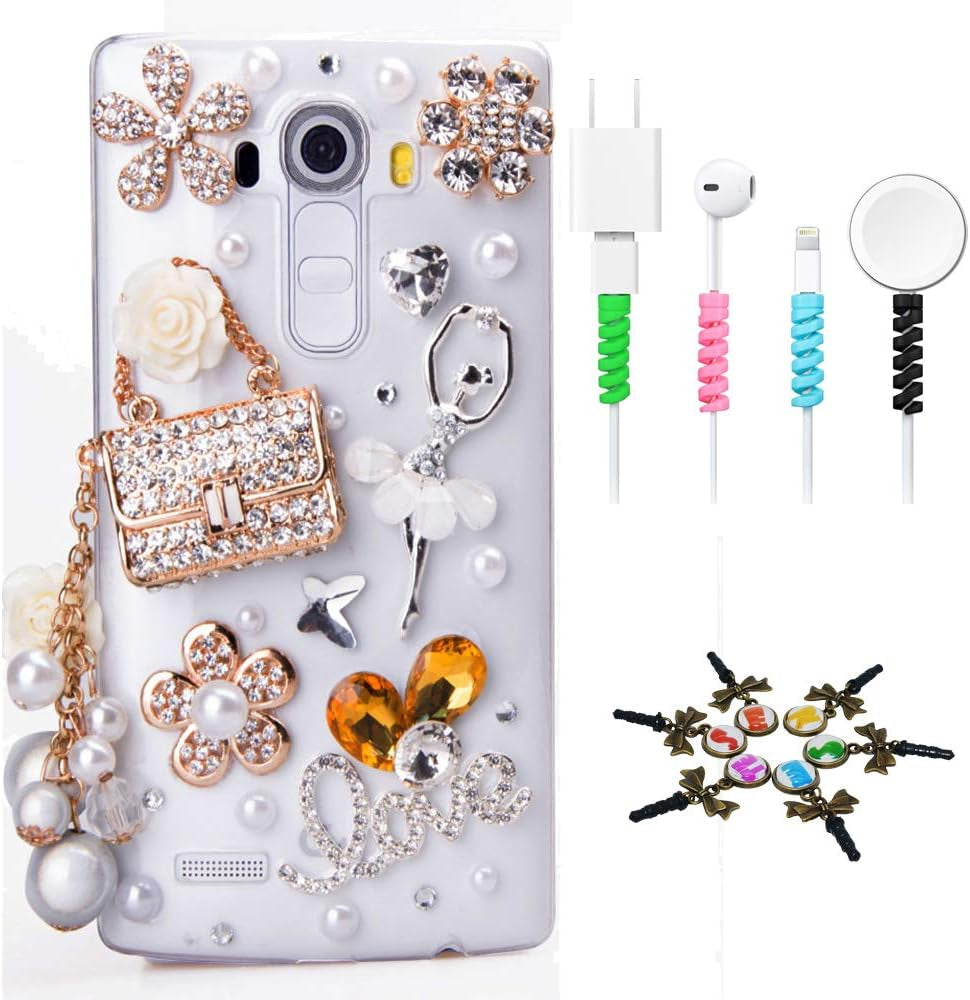 STENES Bling Case Compatible with LG G8 Thinq - Stylish - 3D Handmade Sparkle Series Bowknot Design Cover with Cable Protector [4 Pack] - Pink  STENES Ballet Girl Bag Pearl Pendant Flowers Love / Clear Design For Lg G8 Thinq 