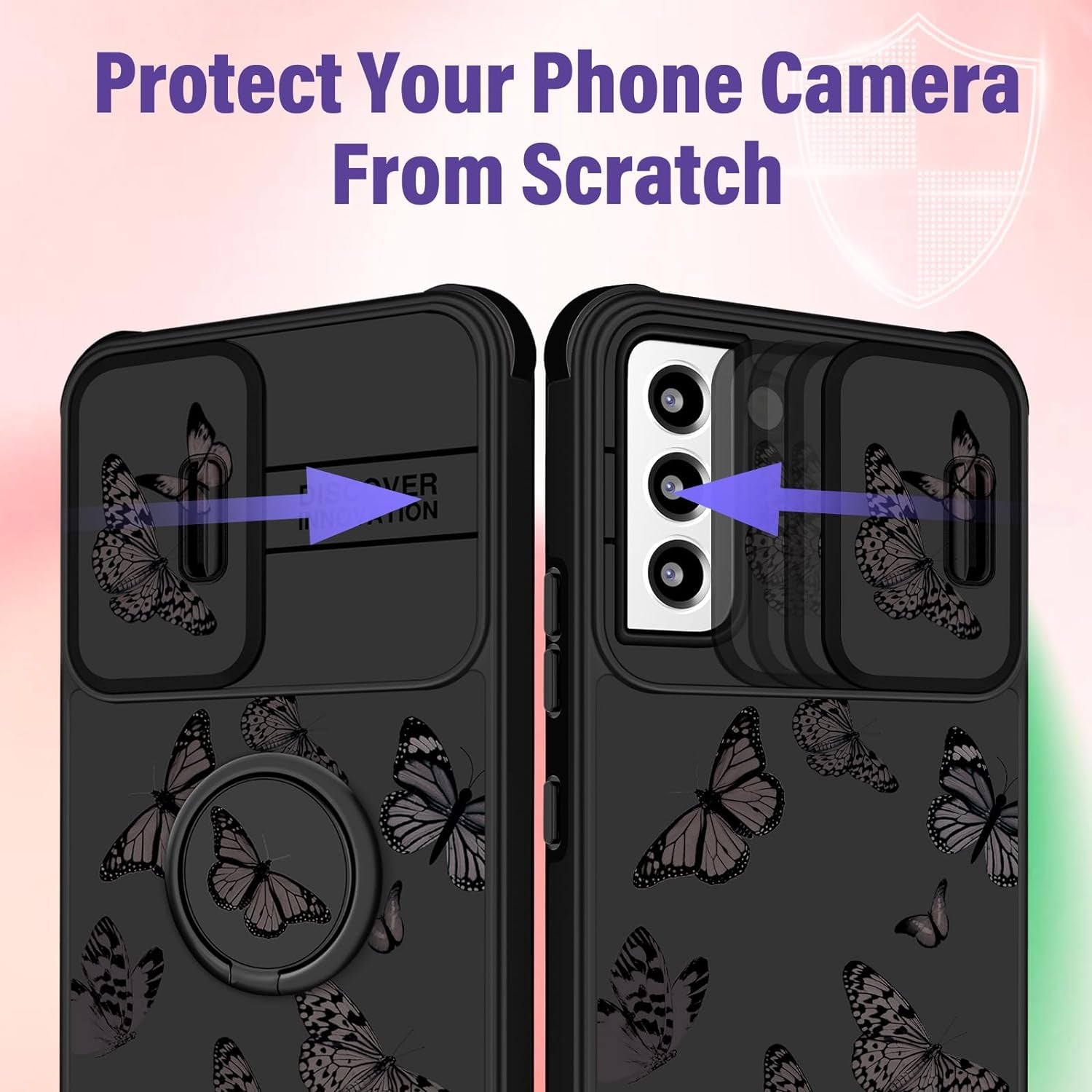 Funermei (2In1 for Samsung Galaxy S22 Case for Girls Women Cute Butterfly Cover Girly Aesthetic Black Pretty Fashion Design with Camera Cover and Ring Stand Funda for Galaxy S22 Phone Cases  Funermei   