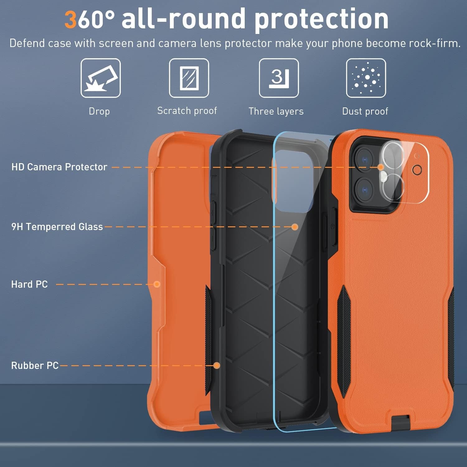 Xmon for Iphone 12 Case [Shockproof] [Dropproof] [Tempered Glass Screen Protector with Camera Lens Protector] Heavy Duty Phone Case Cover for Apple Iphone 12 and Iphone 12 Pro 6.1 Inch (Orange)  Xmon   