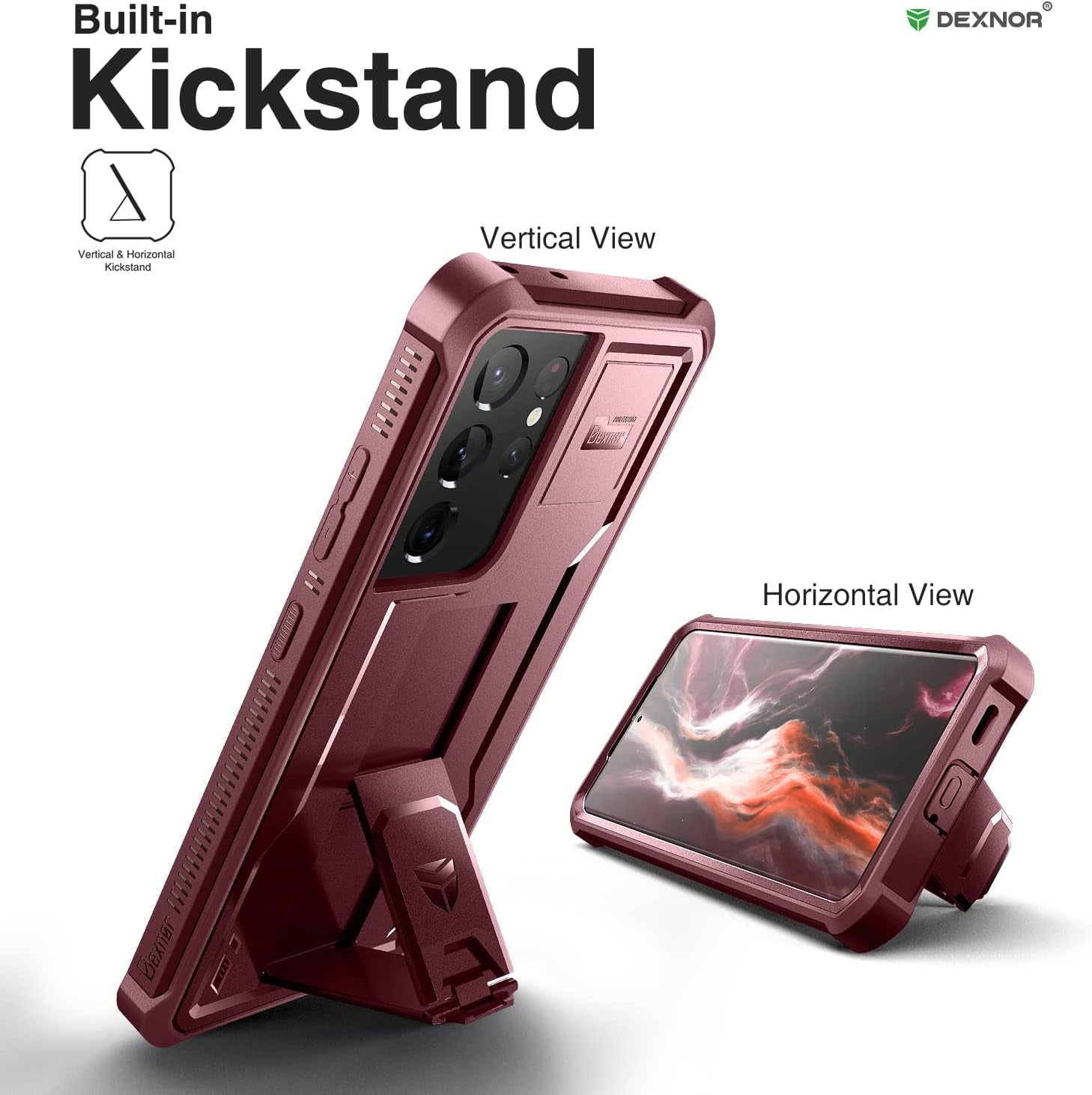 Dexnor for Samsung Galaxy S21 Ultra Case, [Built in Screen Protector and Kickstand] Heavy Duty Military Grade Protection Shockproof Protective Cover for Samsung Galaxy S21 Ultra 5G,6.8 Inch,Maroon Red  Dexnor   