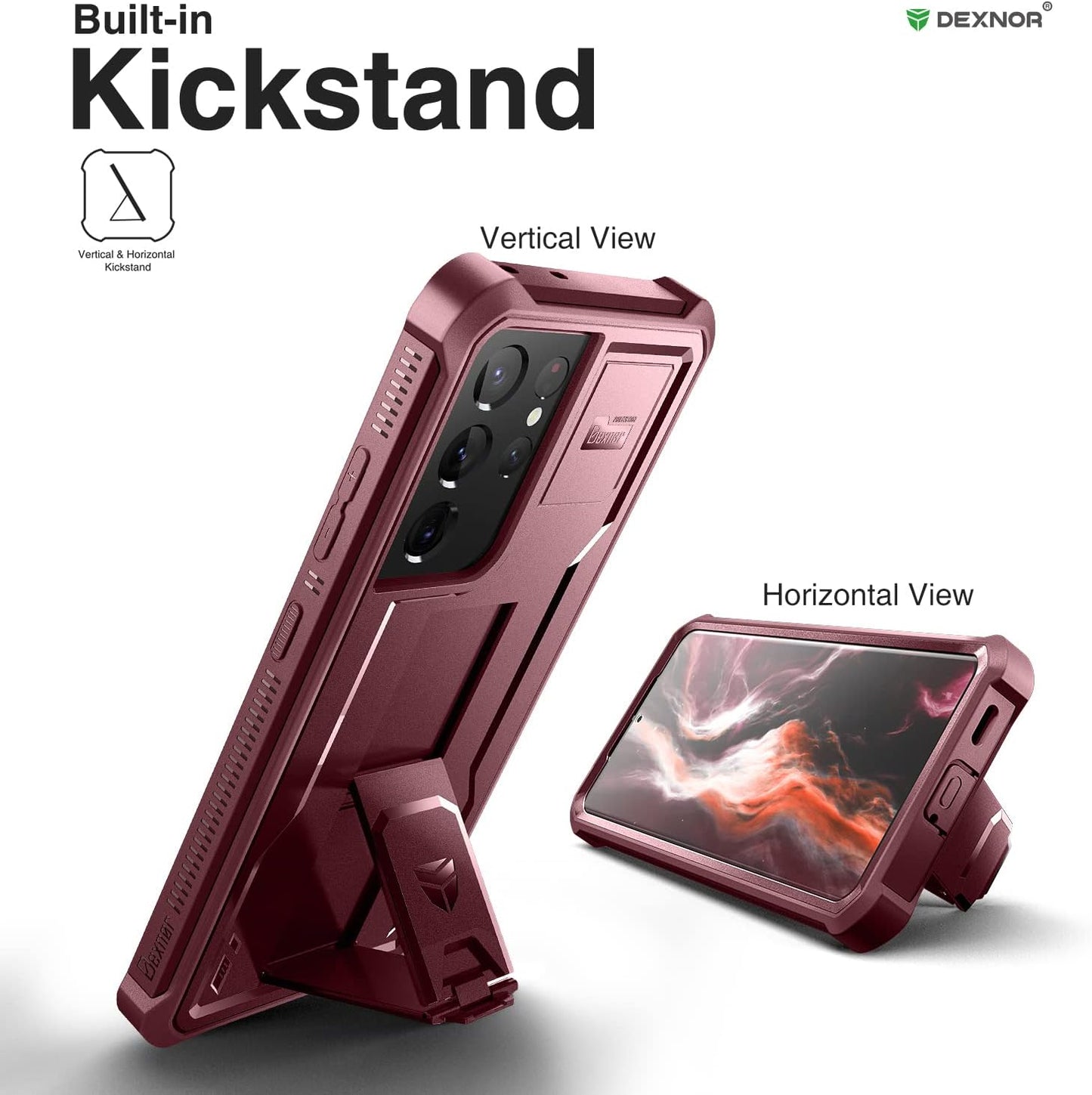 Dexnor for Samsung Galaxy S21 Ultra Case, [Built in Screen Protector and Kickstand] Heavy Duty Military Grade Protection Shockproof Protective Cover for Samsung Galaxy S21 Ultra 5G,6.8 Inch,Maroon Red  Dexnor   