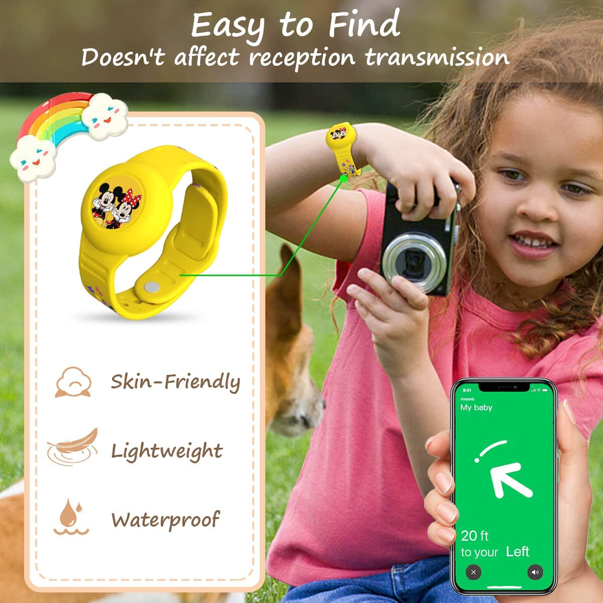 [2Pack] Airtag Kids Bracelet, Cartoon Wristband Adjustable Hidden Watch Band Air Tag Holder for Apple Air Tag, Cute Soft Silicone Anti-Lost Waterproof Case (Blue+Yellow)  ZOICIP   