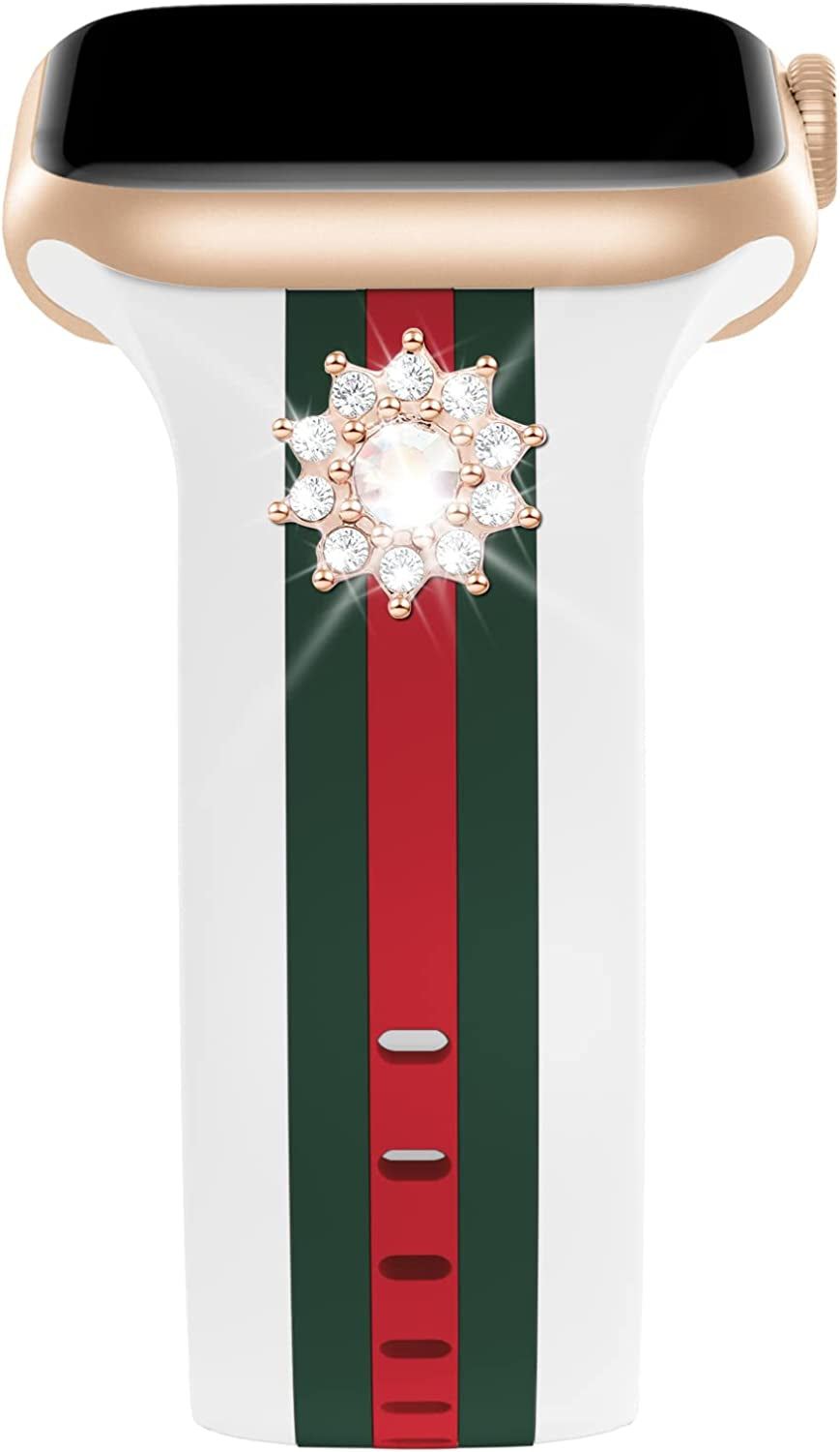 Designer Band with Charms Decor Compatible with Apple Watch Band 38Mm 40Mm 41Mm 42Mm 44Mm 45Mm 49Mm Women Men, Stylish Silicone Sport Wristbands for Iwatch Series 8 7 6 5 4 3 2 1 SE Ultra  Bagoplus White/Green/Red-Diamond-Floral 42mm/44mm/45mm/49mm 