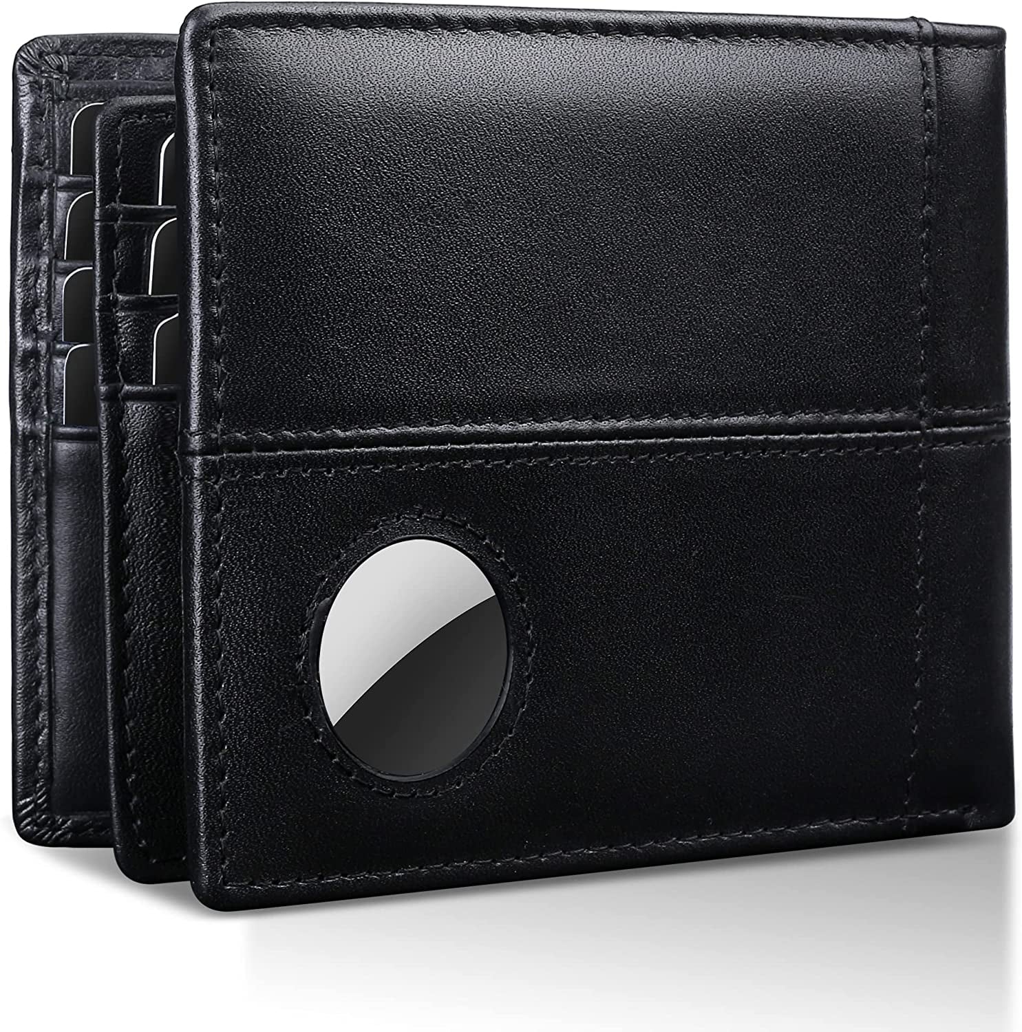 Swallowmall Airtag Wallet Men RFID Blocking Genuine Leather Bifold Mens Wallet for Airtag 1 ID Window 16 Card Holders Gift Box (Airtag Not Included)  swallowmall Black-172AT  
