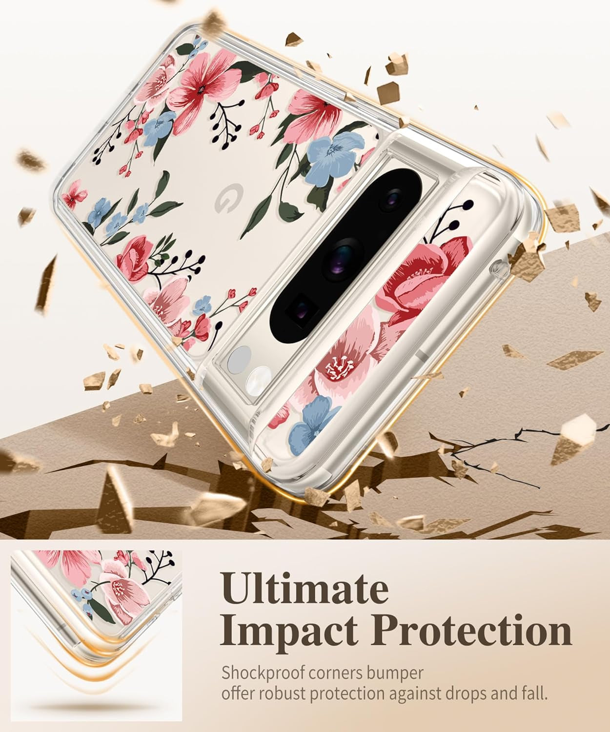 GVIEWIN Compatible with Google Pixel 8 Pro Case, with 2X Screen Protectors, [Not Yellowing + Military Grade Drop Tested] Clear Floral Slim Shockproof Protective Women Phone Case(Catharanthus/Pink)  GVIEWIN   