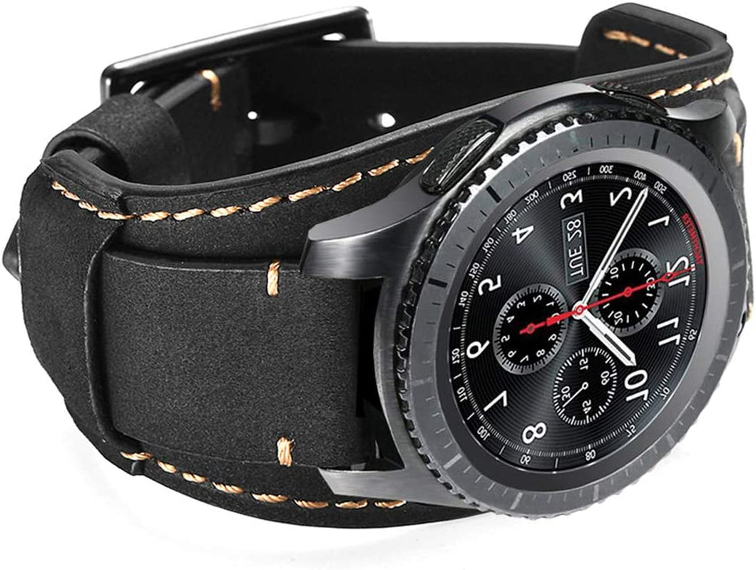 Hepsun Compatible with Samsung Galaxy Watch 5/Watch 4/Watch 42Mm/Watch 3 41Mm/Active 40Mm/Active 2/Gear S2 Classic/Sport /Fossil Q Gazer/Ticwatch 2/Garmin Vivoactive 3 Bands, 20Mm Vintage Cuff Genuine Leather Band Strap for Men Women (Black)  Hepsun   