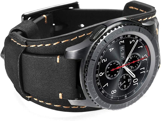 Hepsun Compatible with Samsung Galaxy Watch 5/Watch 4/Watch 42Mm/Watch 3 41Mm/Active 40Mm/Active 2/Gear S2 Classic/Sport /Fossil Q Gazer/Ticwatch 2/Garmin Vivoactive 3 Bands, 20Mm Vintage Cuff Genuine Leather Band Strap for Men Women (Black)  Hepsun   