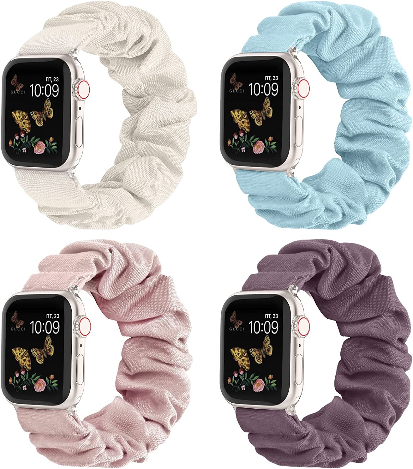 Recoppa Compatible for Apple Watch Band Scrunchie 38Mm 40Mm 41Mm 42Mm 44Mm 45Mm Cute Printed Elastic Solo Loop Bands Women Bracelet Strap for Iwatch Series 8 7 6 5 4 3 2 1 SE, 4 Packs  Recoppa Starlight/Pink/Smoke Violet/Light Blue 42mm/44mm/45mm-Large 