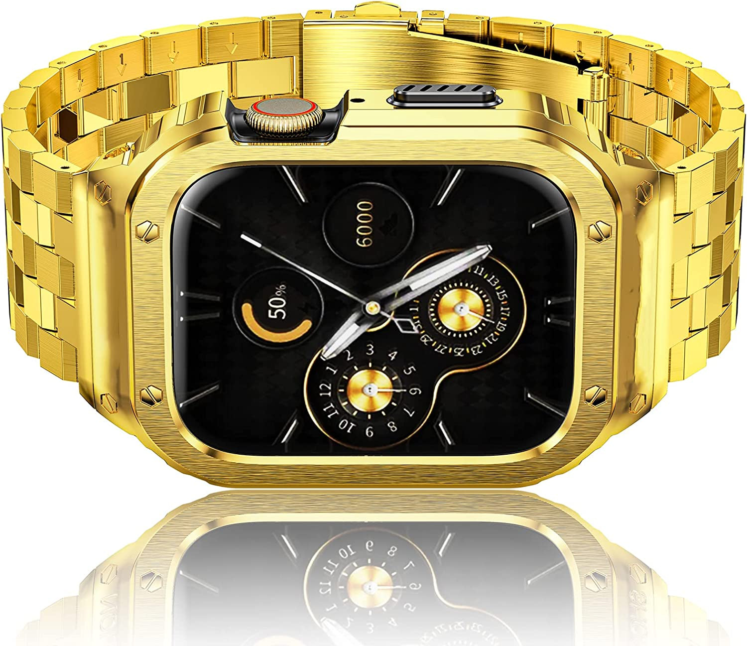 Amznew Apple Watch Bands Compatible for Iwatch Series Ultra (49Mm) 8/7(45Mm/41Mm), 6/5/4/Se(44Mm/40Mm) 3/2/1(42Mm/38Mm), Stainless Steel Iwatch Bands with Case and Protective Cover Men  Amznew Gold 44/42mm 