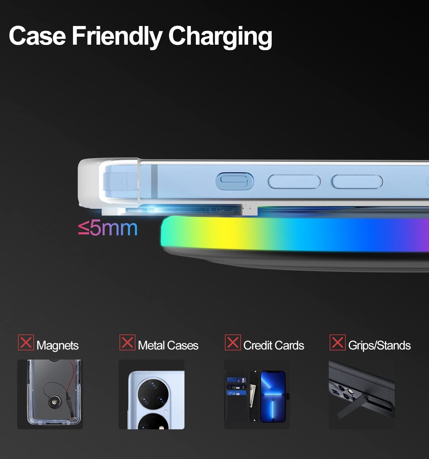 Wireless Charger Pad, 15W Max Fast RGB Wireless Charging Pad Compatible Iphone 14/14 Plus/14 Pro/14 Pro Max/13/13 Mini/Se 2022/12/11/X/8,Samsung Galaxy S22/S21/S20,Airpods 3 2 Pro(No AC Adapter) Black  MMK   