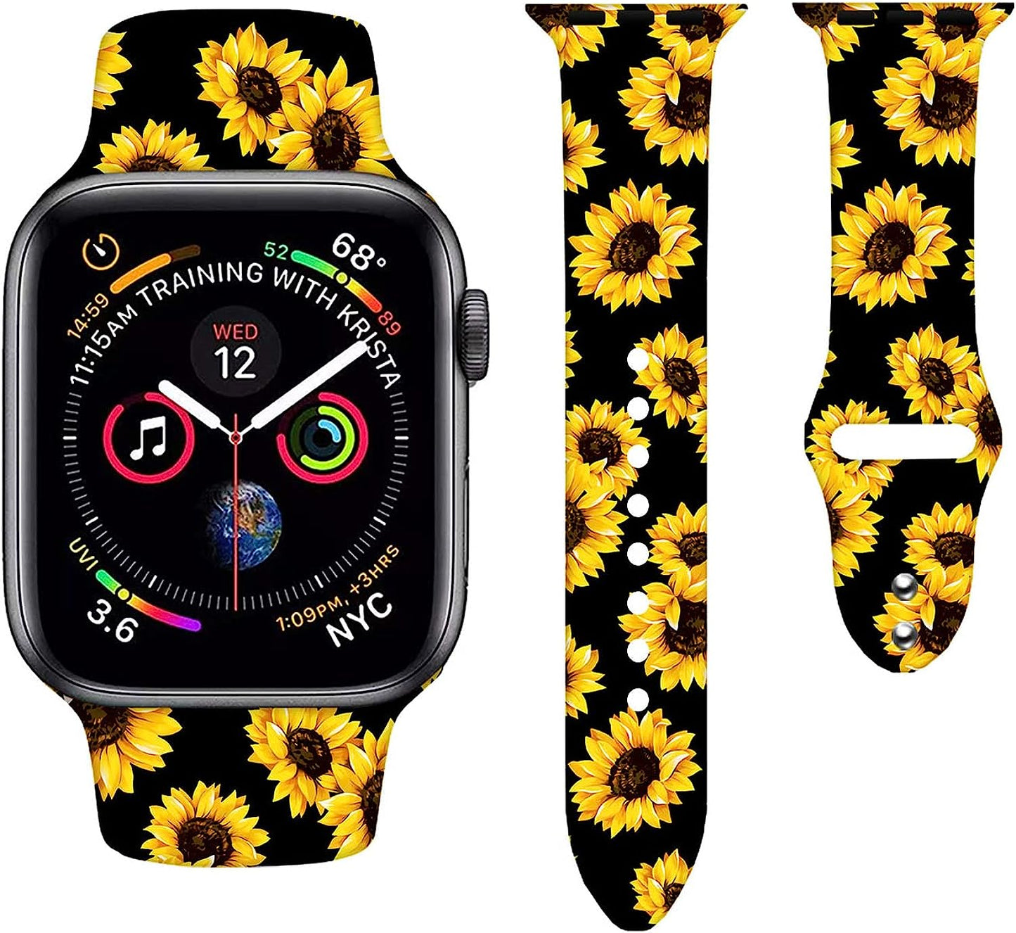 Sport Watch Band Compatible with Apple Watch 38Mm 40Mm 41Mm 42Mm 44Mm 45Mm for Women Men,Adjustable Replaceable Soft Silicone Smartwatch Straps for Iwatch Series SE 7 6 5 4 3 2 1  JOJGOEHO Sunflower-1 42mm/44mm/45mm/49mm (M/L) 