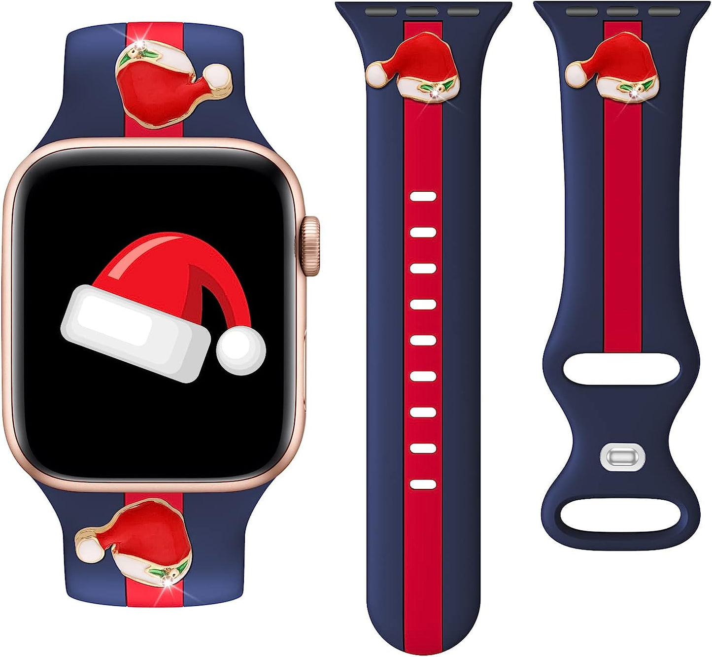 Designer Sport Band Compatible with Apple Watch Iwatch Bands 38Mm 40Mm 41Mm 42Mm 44Mm 45Mm 49Mm Men Women, Soft Silicone Strap Wristbands for Apple Watch Series 8/7/6/5/4/3/2/1/Se/Ultra  seizehe Blue Red with christmas hat charms 38mm/40mm/41mm 
