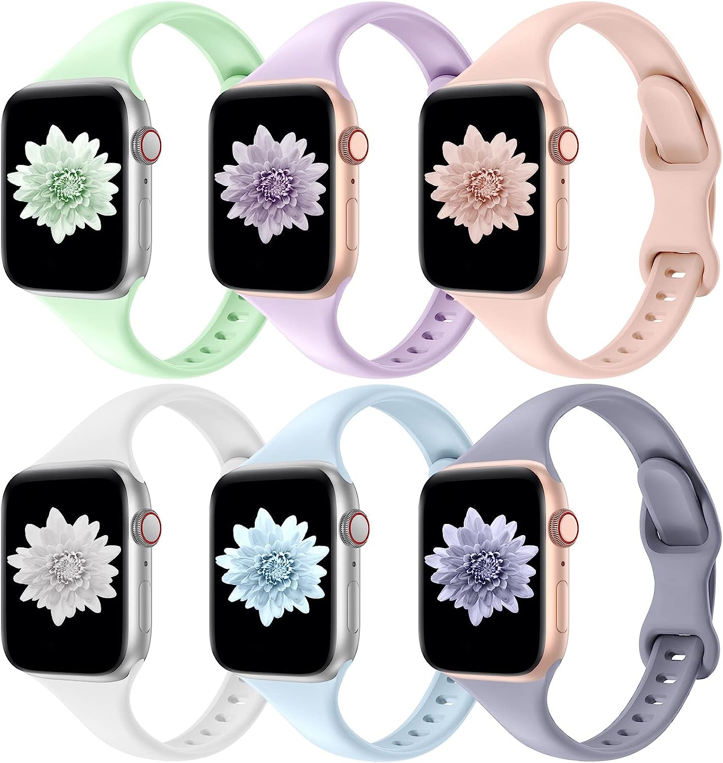 Distore 6 Pack Bands Compatible with Apple Watch 38Mm 40Mm 41Mm 42Mm 44Mm 45Mm 49Mm, Slim Thin Narrow Replacement Soft Silicone Sport Strap for Iwatch Series Ultra 8/7/6/5/4/3/2/1 SE Women Men  Distore Light Green/Lavender/Pink Sand/White/Light Blue/Lavender Gray 38/40/41mm 