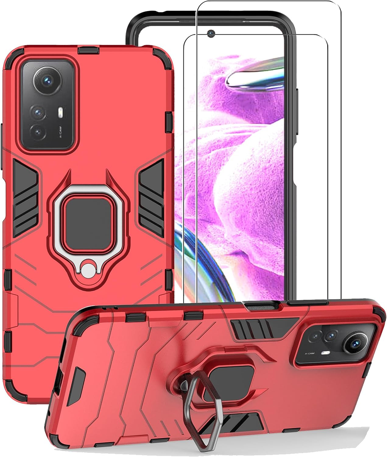 ZMONE Phone Case for Xiaomi Redmi Note 12S Case with Glass Screen Protector [2 Pack] Heavy Duty Dual Layer Military Grade Shockproof Protective Cover with Magnetic Ring Kickstand - Black  Chengmi Red  