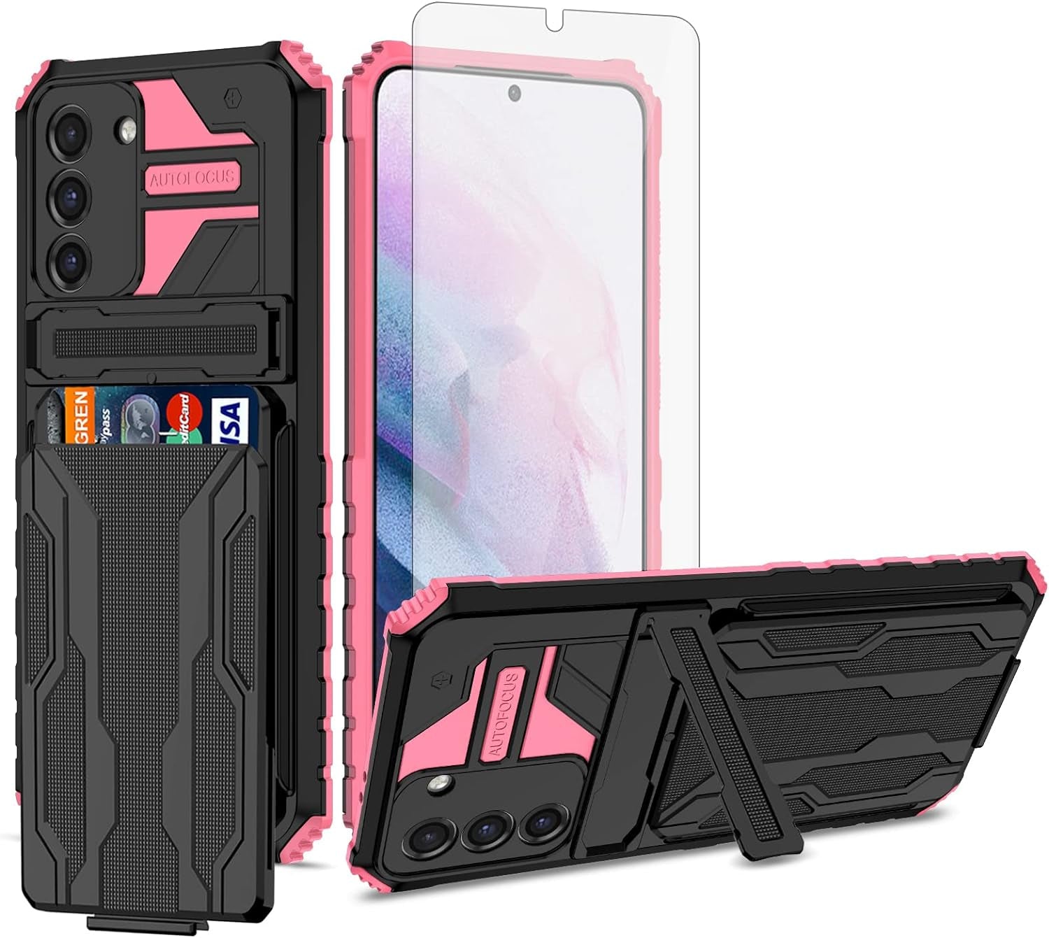 Asuwish Phone Case for Samsung Galaxy S21 plus Glaxay S21+ 5G with Tempered Glass Screen Protector Cover and Card Holder Stand Cell Accessories Gaxaly S21+5G S21Plus 21S + S 21 21+ G5 Women Men Pink  Asuwish   