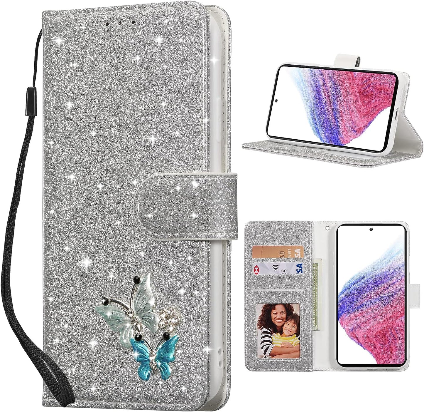 UEEBAI Wallet Case for Samsung Galaxy A53 5G, Premium Glitter PU Leather Phone Case Card Slots Kickstand Case Magnetic Closure Bling Handbag Case Shockproof Hand Strap Flip Cover - Glitter Purple  UEEBAI Silver Samsung Galaxy A53 5G 