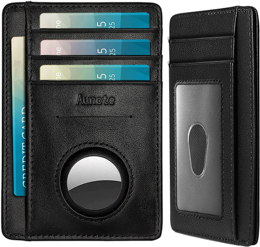 Aunote Airtag Wallet, Minimalist Wallet Airtag Genuine Leather Slim Card Holder Smart Wallet for Air Tag, RFID Blocking Front Pocket Wallet, Air Tag Wallet for Men Women （Black）  Aunote   