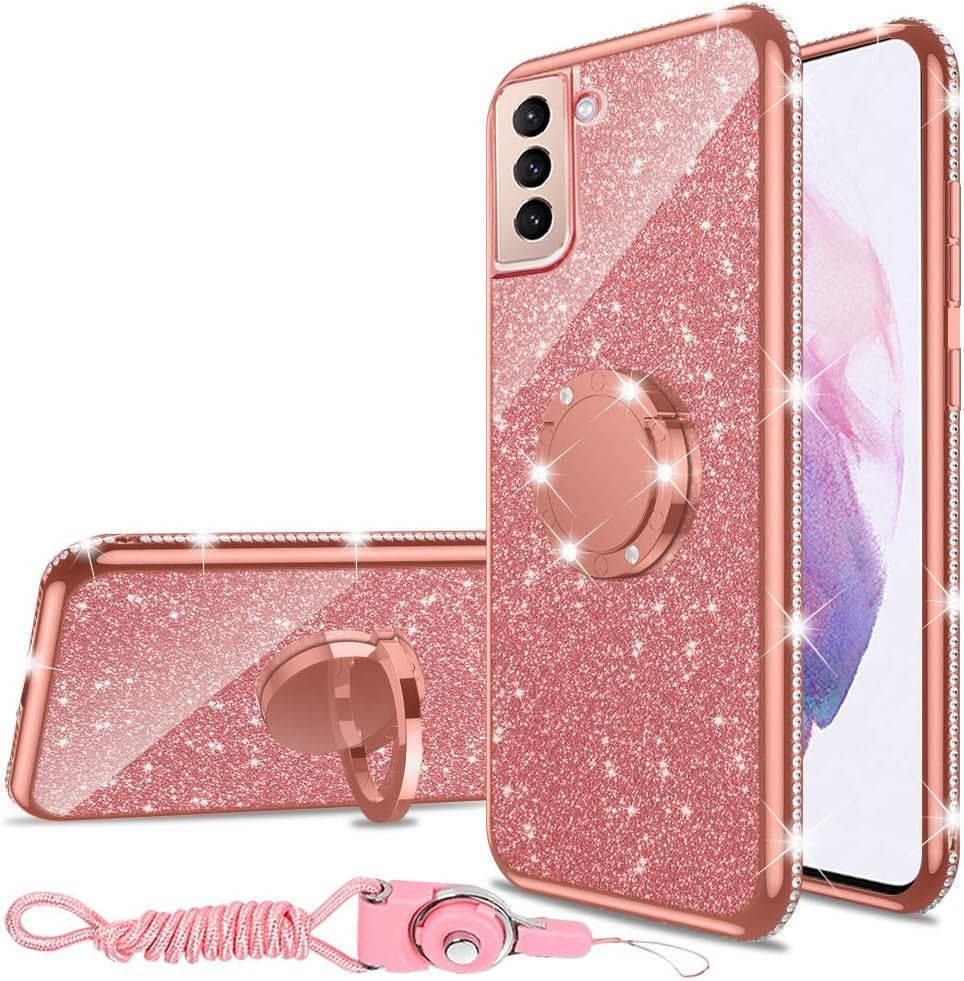 Nancheng for Samsung Galaxy S21 Case (6.2-Inch), Phone Case for Galaxy S21 Women Glitter Cute Luxury Soft TPU Silicone Clear Cover with Lanyard Stand Shockproof Full Body Protection Case - Rose Gold  nancheng   