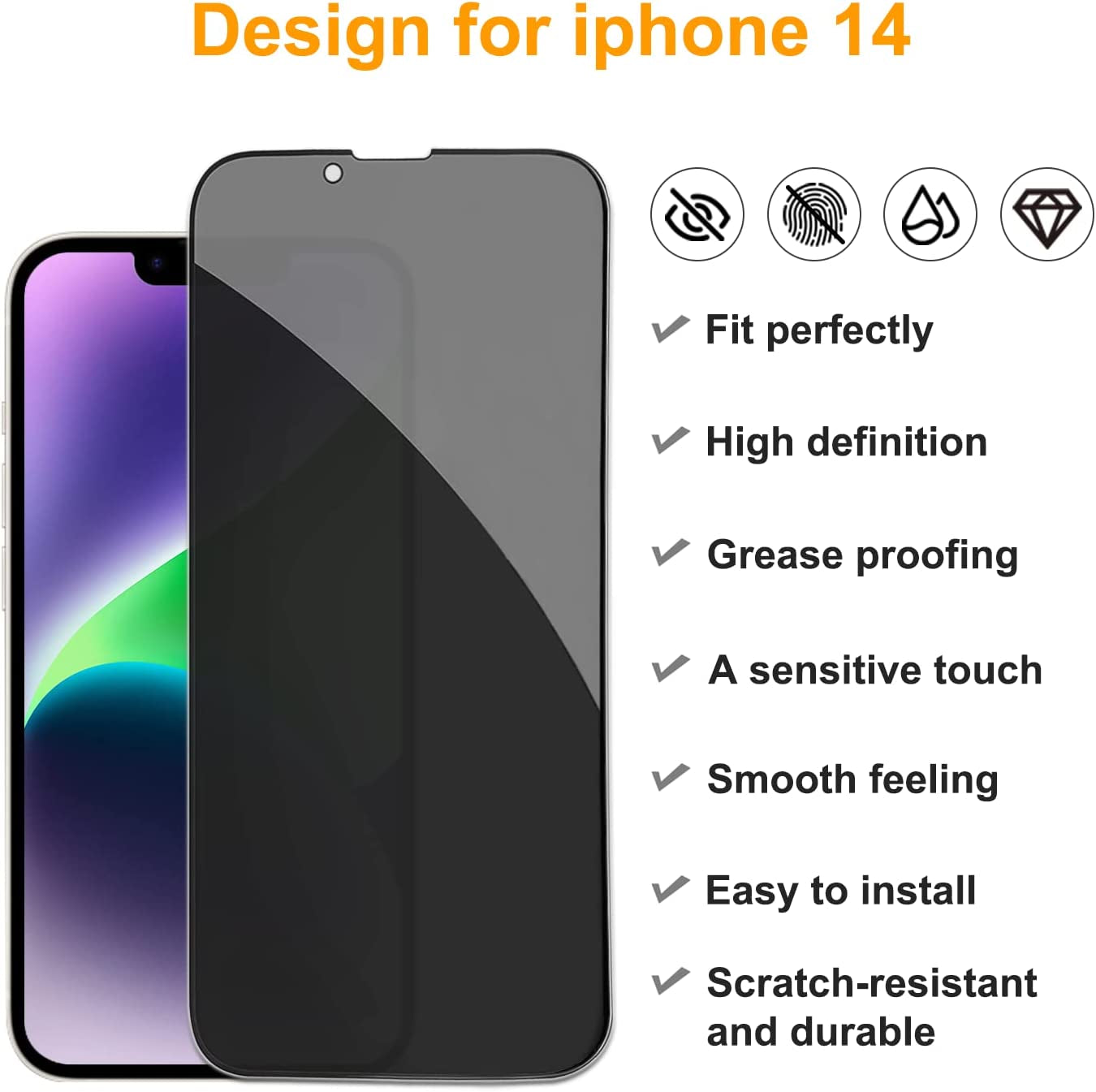 Pehael [2+2 Pack] Iphone 14 Privacy Screen Protector with Camera Lens Protector Full Coverage Anti-Spy Tempered Glass Film 9H Hardness Upgrade Edge Protection Easy Installation Bubble Free Specially Designed for Iphone 14 [6.1 Inch]  pehael   