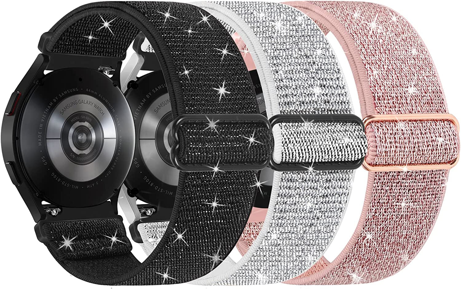 3 Pack Stretchy Watch Bands Compatible with Samsung Galaxy Watch 5 40Mm 44Mm/ Watch 5 Pro 45Mm/ Samsung Galaxy Watch 4 44Mm 40Mm/ Watch 4 Classic 46Mm 42Mm, 20Mm Elastic Nylon Band for Women(Ppb)  ZSMJ Pink/Black/Light Silver  