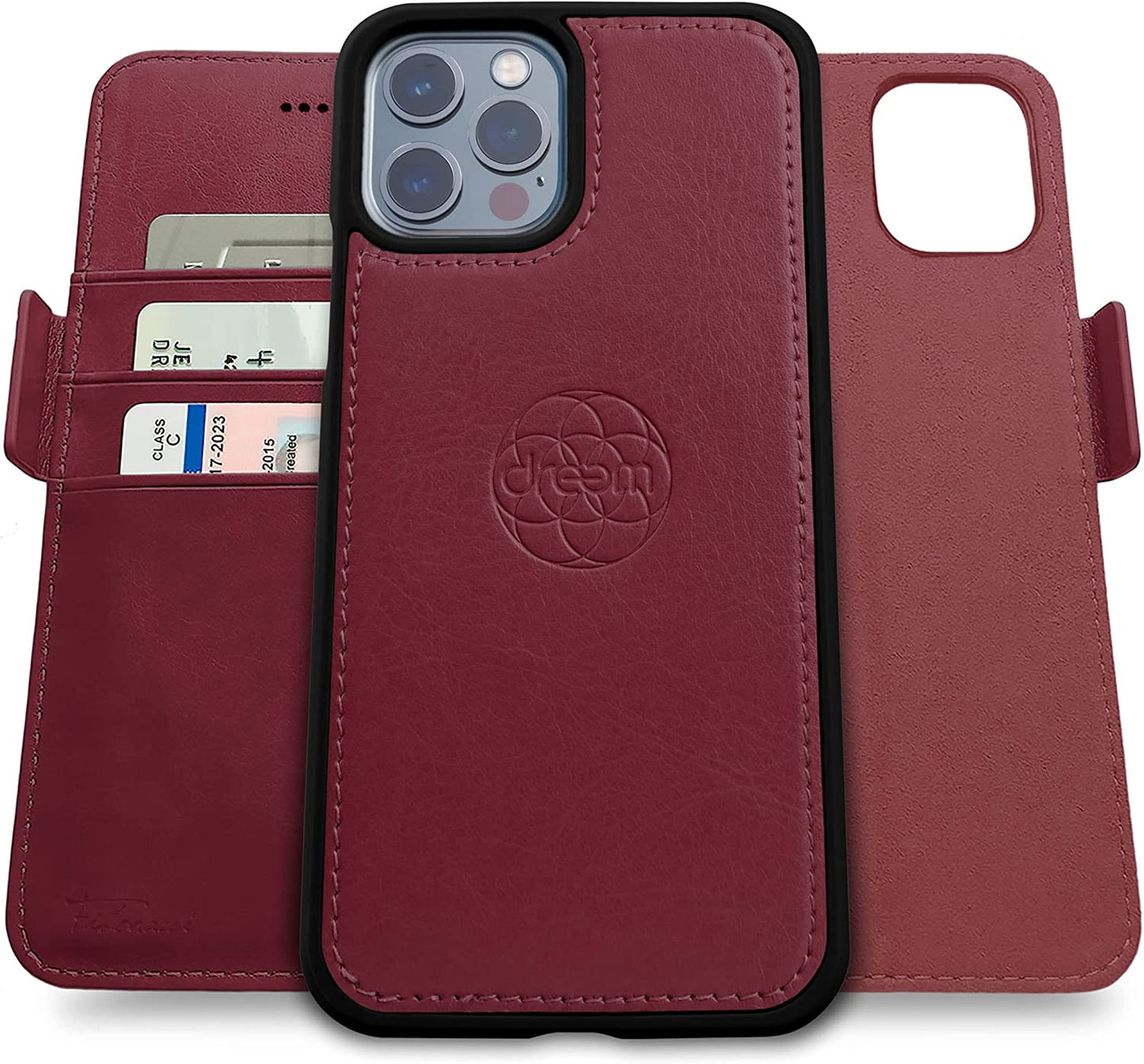 Dreem Fibonacci 2-In-1 Wallet Case for Apple Iphone 13 Pro Max - Luxury Vegan Leather, Magnetic Detachable Shockproof Phone Case, RFID Card Protection, Magsafe Compatible - Coffee  Dreem Burgundy iPhone 13 Pro Max 