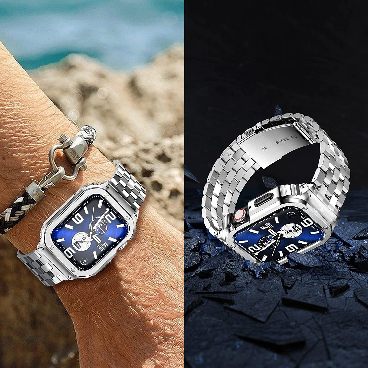 SUPLINK Stainless Steel Case with Band Compatible Apple Watch Bands 40Mm/41Mm/44Mm/45Mm/49Mm,Metal Rugged Protector Cover Bumper Strap for Iwatch Ultra Series 8/7/6/5/4/SE for Men  SUPLINK   