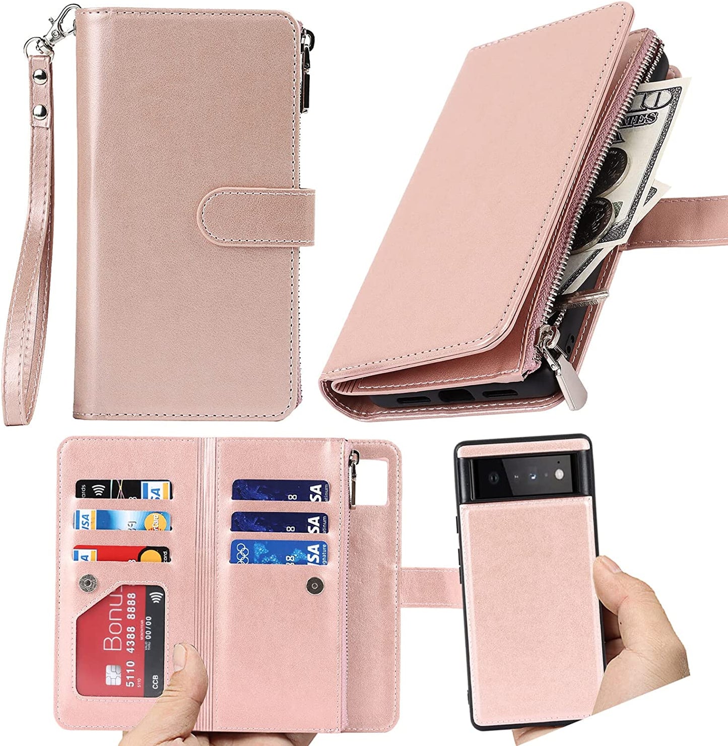 Ｈａｖａｙａ Google Pixel 6 Pro 5G 6.7" Case Zipper Wallet- with 6 Card Holder [RFID Blocking]- Detachable 2-In-1-Wristband Lanyard - for Women and Men-Wireless Charger Compatible Flip Folio Cover-Purple  Ｈａｖａｙａ 2In1 Rose Gold Google Pixel 6 5G 