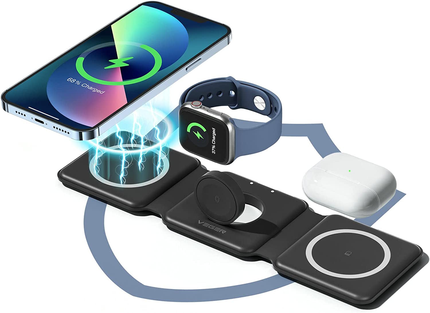 3 in 1 Wireless Charging Station, VEGER Travel Charger for Multiple Devices, Fast Wireless Charging Pad for Iphone 14/13/12/11/X/Xr/Xs/8 Series, Airpods, Apple Watch 7/6/5/4/3, Qi Phones Earbuds More  Shenzhen Autige Technology Co.,Ltd   