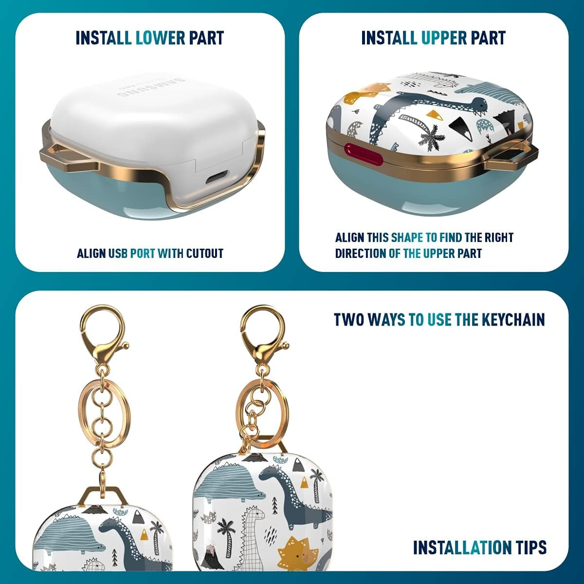 Wenew Case for Galaxy Buds 2 Pro/Galaxy Buds Pro/Galaxy Buds 2 / Galaxy Buds Live, Cute Pattern Hard Shell with Clip for Women Men Girls Kids (Cute Dino)  wenew   