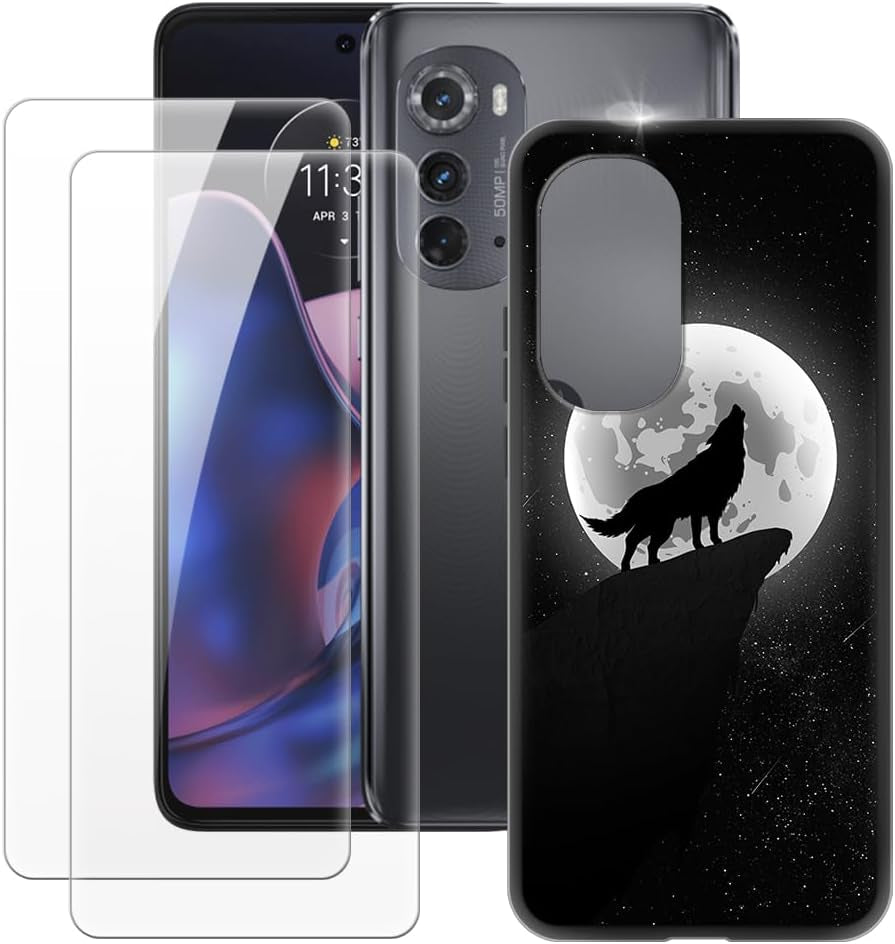 MILEGAO Motorola Edge 2022 Case + 2PCS Screen Protector Tempered Glass, Ultra Thin Bumper Shockproof Soft TPU Silicone Cover for Motorola Edge Gen.3 (6.6”) Rose  MILEGAO Wolf 4  