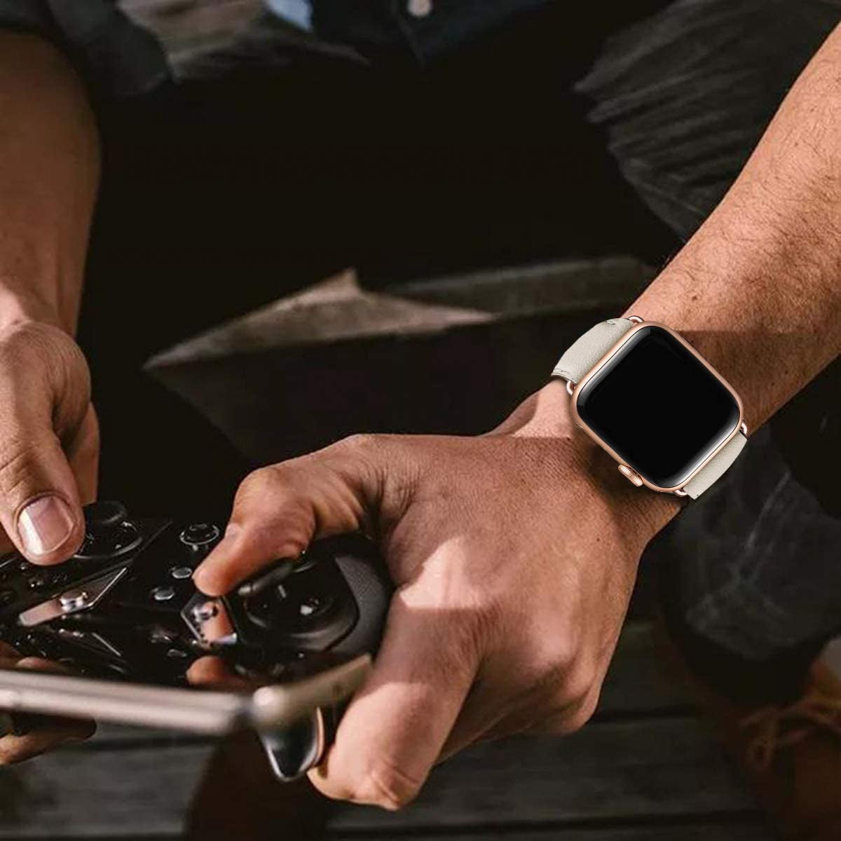 OMIU Square Bands Compatible with Apple Watch Band 38Mm 40Mm 41Mm 42Mm 44Mm 45Mm 49Mm, Genuine Leather Wristband Starp for Iwatch SE Series 8 7 6 5 4 3 2 1 Utral for Women Men(Ivory White/Rose Gold)  BestWayStore   