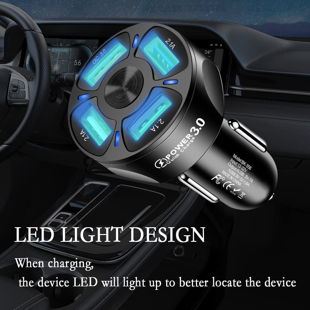 4-Port Car Charger Adapter,Qc3.0 Fast Charging with LED Light Display Cigarette Lighter USB Charger Compatible with Iphone 14 Pro MAX/13 Macbook Pro Ipad Pro Galaxy All Smart (Black)  Shenzhen Baixas Technology Co., Ltd   